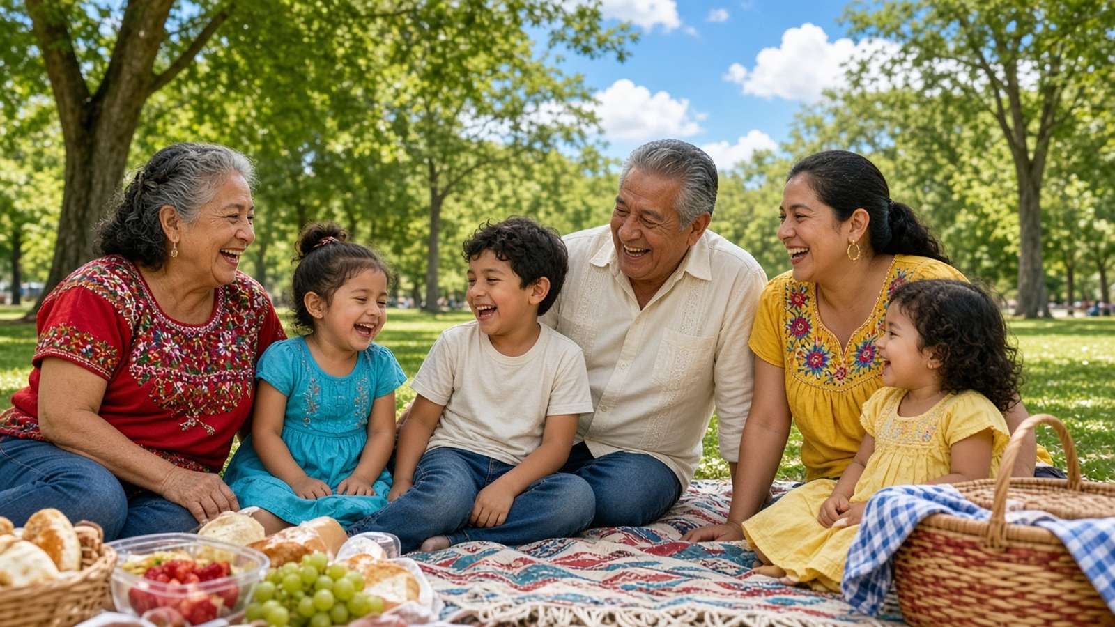 Grandparents, parents and children laugh together on a picnic blanket in a sunny green park