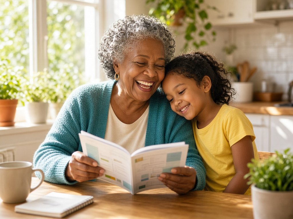 A laughing grandmother in a teal cardigan reads a plan booklet with her granddaughter in a yellow t-shirt at a sunny kitchen table