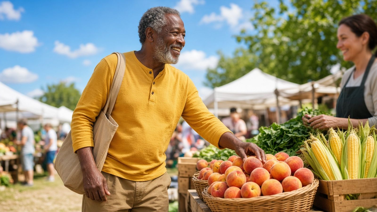 A smiling older man in a mustard yellow henley picks peaches at a sunny farmers market stall