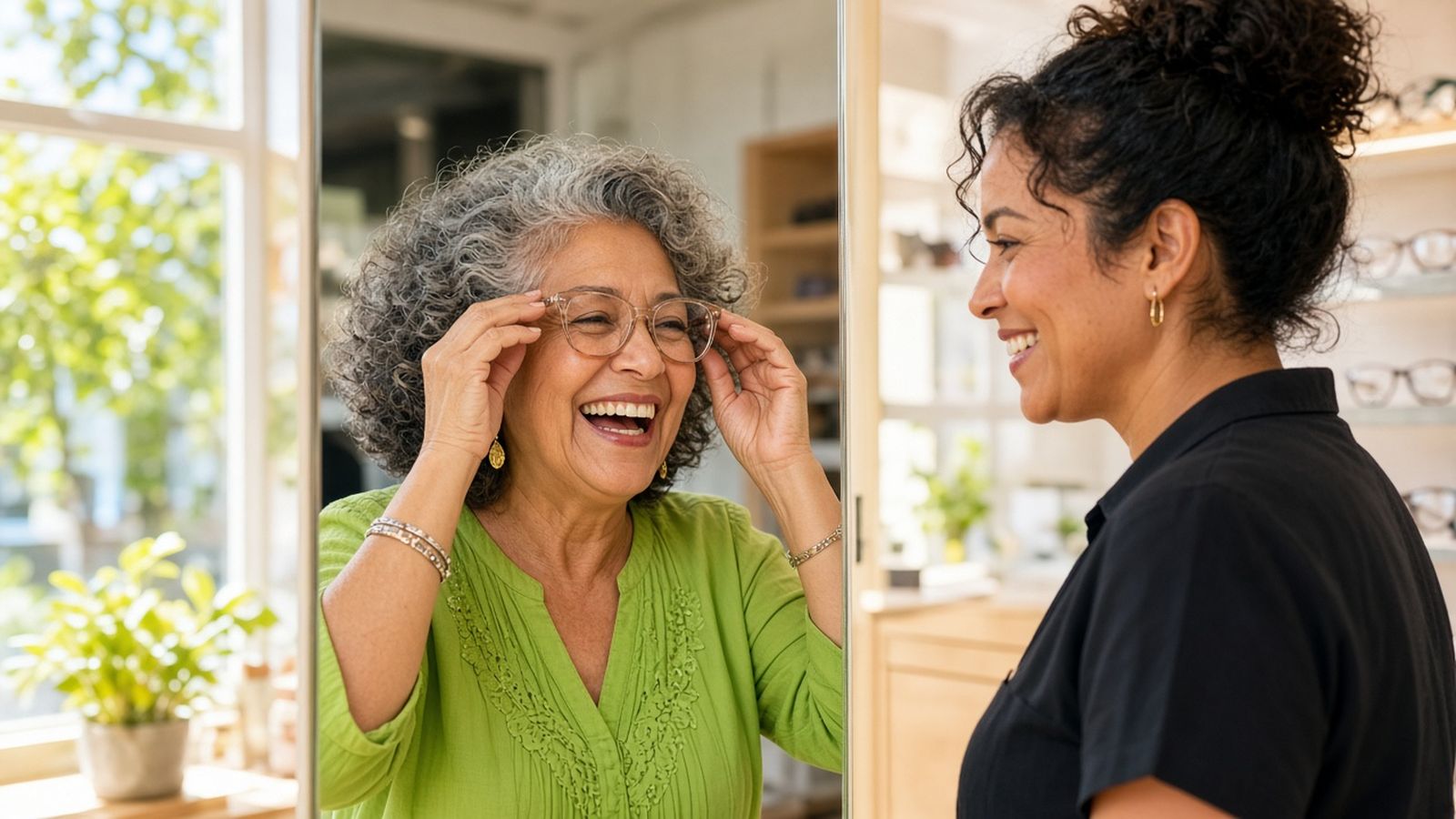 A laughing older woman in a lime green blouse tries on new eyeglasses in a mirror at a bright optical shop